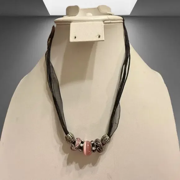 Pink & Black Glass & Metal Beaded Charm Ribbon Necklace - Picture 3 of 5